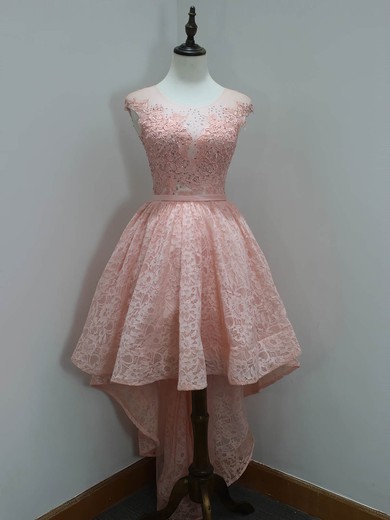 A-line Scoop Neck Lace Tulle Beading Asymmetrical Unique High Low Prom Dresses #UKM020102850