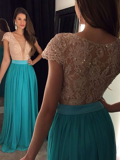 A-line V-neck Lace Chiffon Floor-length Sequins Prom Dresses #UKM020102209