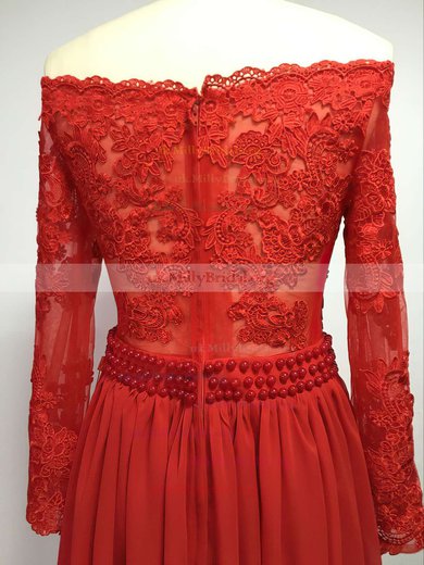 A-line Off-the-shoulder Chiffon Floor-length Appliques Lace Prom Dresses #UKM020102316