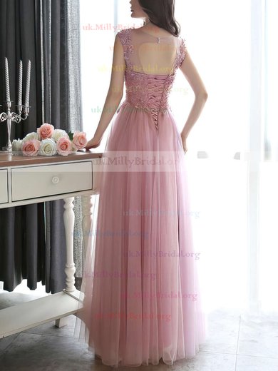 A-line Scoop Neck Tulle Floor-length Appliques Lace Prom Dresses #UKM020102317