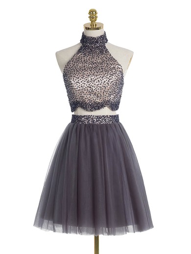 A-line High Neck Two Piece Tulle Beading Full Back Short/Mini Prom Dresses #UKM020102430