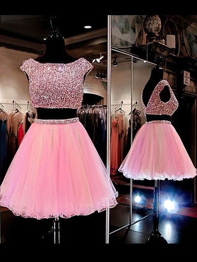 Princess Scoop Neck Tulle Short/Mini Crystal Detailing Prom Dresses #UKM020102546