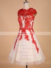 Princess Scalloped Neck Tulle Tea-length Appliques Lace Prom Dresses #UKM020102559