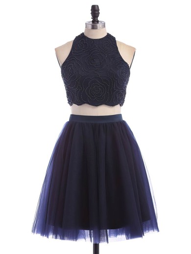 Two Piece A-line Scoop Neck Tulle Short/Mini Beading Great Dark Navy Prom Dress #UKM020102465