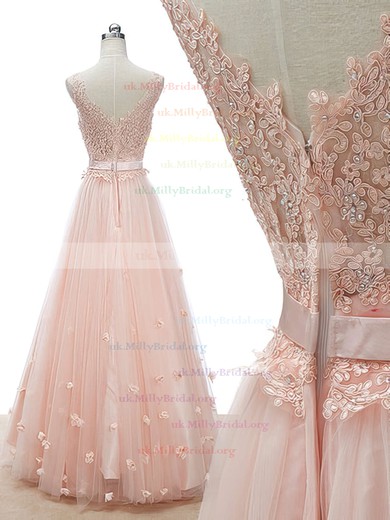 A-line V-neck Tulle Floor-length Appliques Lace Prom Dresses #UKM020102873
