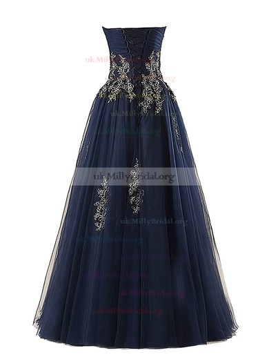 Wholesale A-line Sweetheart Tulle Floor-length Appliques Lace Dark Navy Prom Dresses #UKM020102622