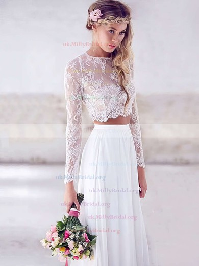 A-line Scoop Neck Lace Chiffon Floor-length Prom Dresses #UKM020103264