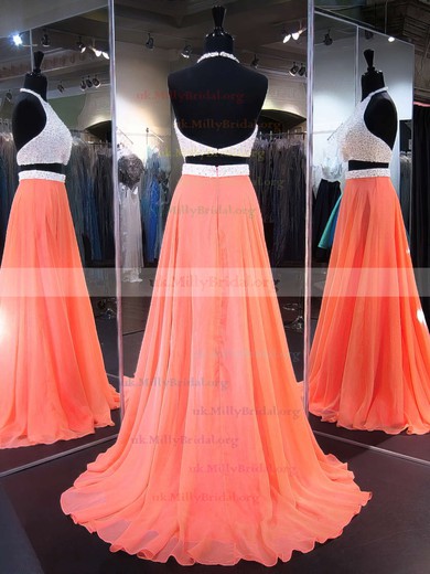 A-line Halter Chiffon Sweep Train Crystal Detailing Prom Dresses #UKM020103270