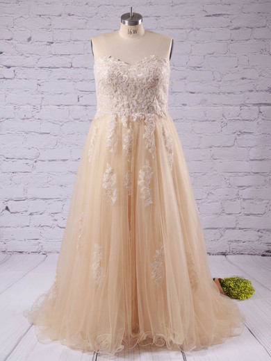 Elegant A-line Sweetheart Tulle with Appliques Lace Sweep Train Champagne Plus Size Prom Dresses #UKM020103392