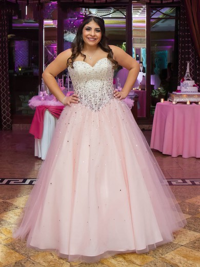 Ball Gown Sweetheart Tulle with Beading Floor-length Pink Sweet Plus Size Prom Dresses #UKM020103404