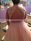 Perfect Ball Gown High Neck Tulle Appliques Lace Floor-length Pink Open Back Plus Size Prom Dresses #UKM020103428