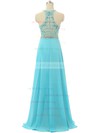 A-line Scoop Neck Chiffon Floor-length Beading Prom Dresses #UKM020103467