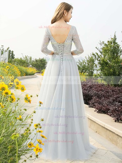 A-line Scoop Neck Lace Tulle Floor-length Appliques Lace Prom Dresses #UKM020103479