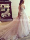 Princess V-neck Tulle Court Train Appliques Lace Prom Dresses #UKM020103499