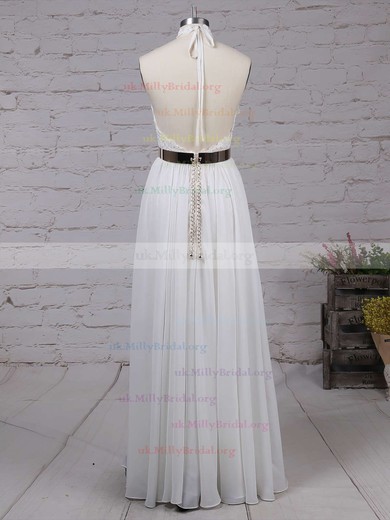 Sheath/Column Halter Lace Chiffon Floor-length Sashes / Ribbons Prom Dresses #UKM020103515