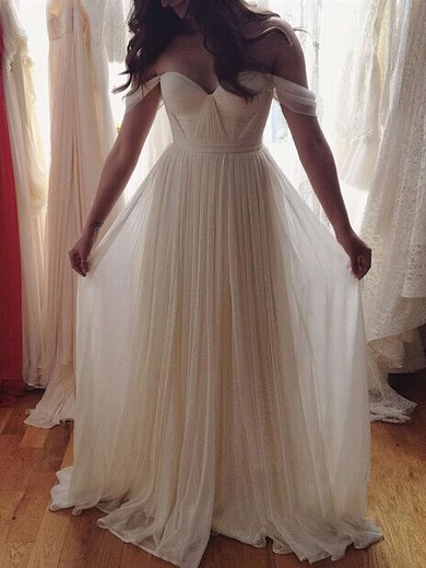 A-line Off-the-shoulder Chiffon Floor-length Ruffles Prom Dresses #UKM020103599