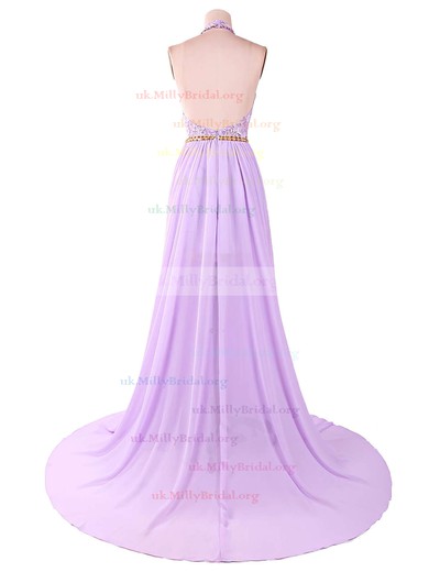 A-line Halter Lace Chiffon Sweep Train Beading Prom Dresses #UKM020103615