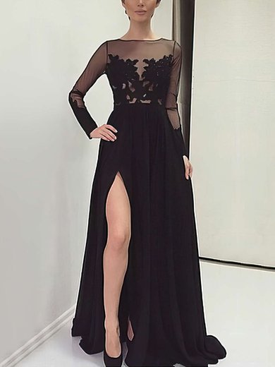 A-line Scoop Neck Chiffon Tulle Sweep Train Appliques Lace Prom Dresses #UKM020103633