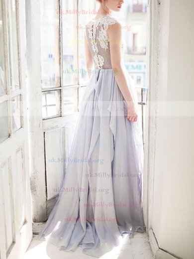 A-line Scoop Neck Chiffon Sweep Train Appliques Lace Prom Dresses #UKM020103643