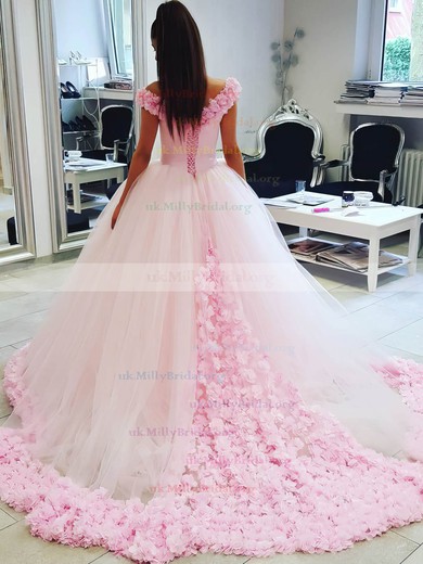 Ball Gown Off-the-shoulder Tulle Appliques Lace Court Train Pink Glamorous Wedding Dresses #UKM00022798