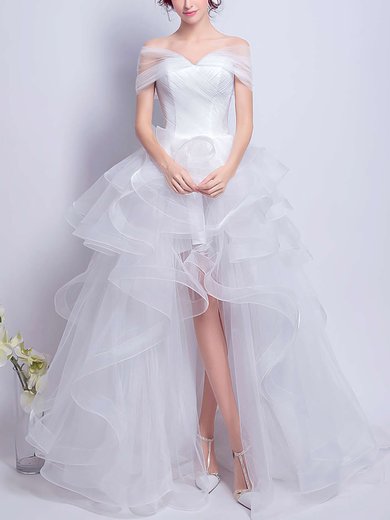 Princess Off-the-shoulder Organza Tiered Asymmetrical White Different Wedding Dresses #UKM00022801