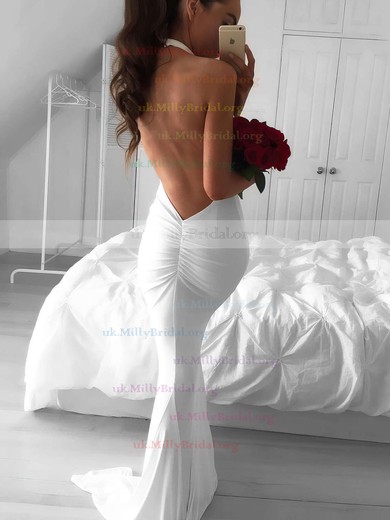Hot Trumpet/Mermaid Halter Chiffon Ruffles Sweep Train White Backless Wedding Dresses #UKM00022814