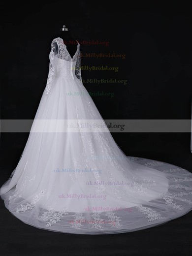 Ball Gown Scoop Neck Tulle Appliques Lace Court Train White Long Sleeve Discounted Wedding Dresses #UKM00022818