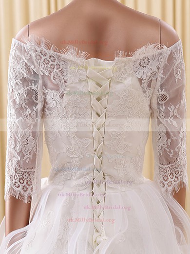 Cute A-line Off-the-shoulder Organza Tulle Appliques Lace Short/Mini 1/2 Sleeve Wedding Dresses #UKM00022822