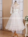 A-line V-neck Tulle with Flower(s) Tea-length 3/4 Sleeve Cheap Wedding Dresses #UKM00022826