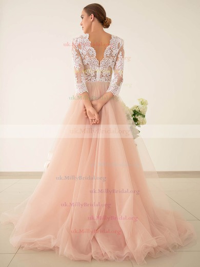 Princess V-neck Tulle with Appliques Lace Sweep Train 3/4 Sleeve Pretty Wedding Dresses #UKM00022828