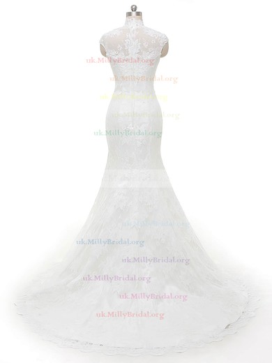 Trumpet/Mermaid High Neck Tulle with Appliques Lace Sweep Train Famous Wedding Dresses #UKM00022846