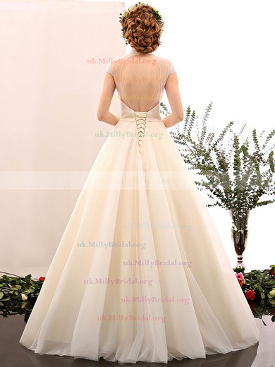 Fabulous Ball Gown High Neck Tulle with Beading Floor-length Open Back Wedding Dresses #UKM00022848