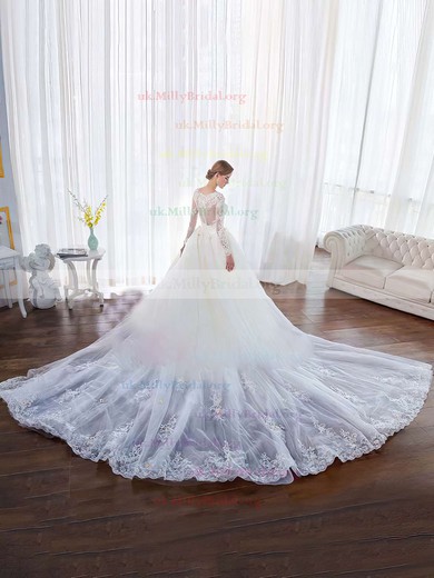 Classy Ball Gown Scoop Neck Tulle Lace Appliques Lace Chapel Train Long Sleeve Wedding Dresses #UKM00022851