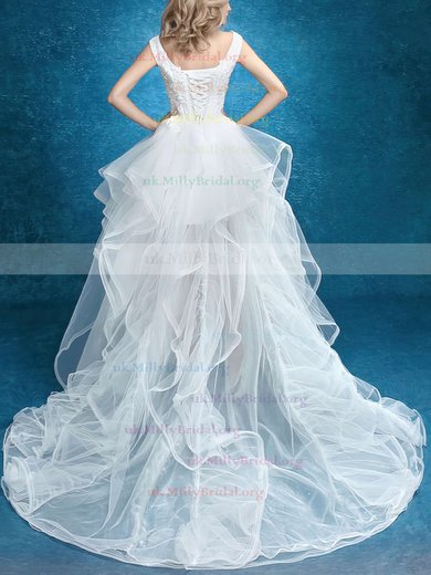 Unique A-line V-neck Tulle with Appliques Lace Asymmetrical High Low Wedding Dresses #UKM00022859
