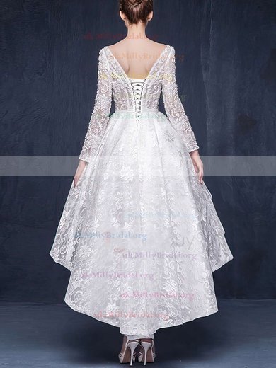 A-line Scoop Neck Lace Beading Asymmetrical Long Sleeve High Low Different Wedding Dresses #UKM00022863