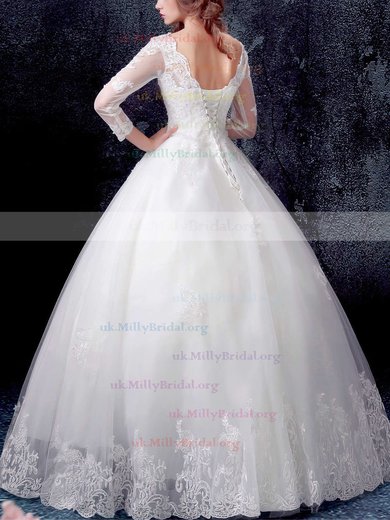 Ball Gown V-neck Tulle Appliques Lace Floor-length White 3/4 Sleeve Prettiest Wedding Dresses #UKM00022871