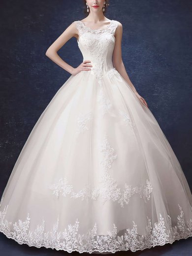 Ball Gown Scoop Neck Satin Tulle with Bow Floor-length Lace-up Elegant Wedding Dresses #UKM00022877