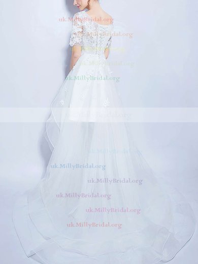 Unique A-line Scoop Neck Organza Tulle Appliques Lace Asymmetrical 1/2 Sleeve High Low Wedding Dresses #UKM00022880