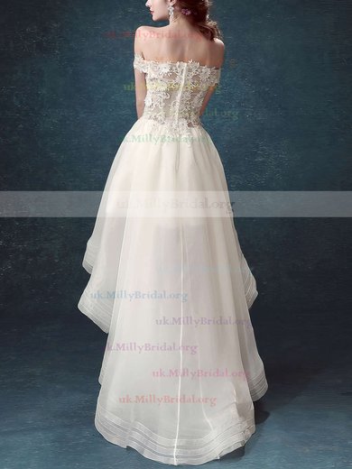 Different A-line Off-the-shoulder Organza Tulle Appliques Lace Asymmetrical High Low Wedding Dresses #UKM00022882