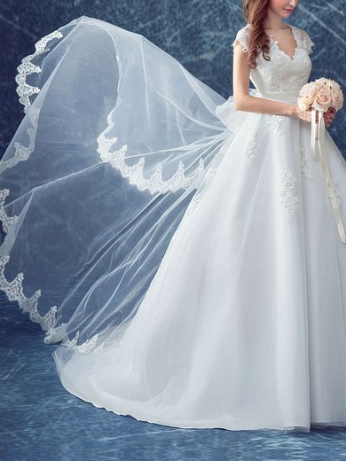 Ball Gown V-neck Tulle Appliques Lace Court Train Cap Straps Beautiful Wedding Dresses #UKM00022883