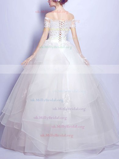 Sweet Ball Gown Off-the-shoulder Organza Tulle Pearl Detailing Floor-length Short Sleeve Wedding Dresses #UKM00022889