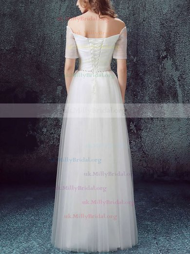 Famous A-line Off-the-shoulder Tulle with Ruffles Floor-length Short Sleeve Wedding Dresses #UKM00022890