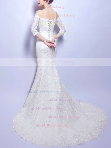 Fabulous Trumpet/Mermaid Off-the-shoulder Lace with Beading Sweep Train 3/4 Sleeve Wedding Dresses #UKM00022893