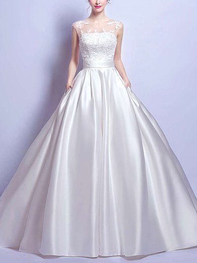 Ball Gown Scoop Neck Satin Tulle with Appliques Lace Court Train Classic Wedding Dresses #UKM00022894