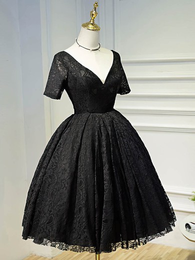 A-line V-neck Lace Ruffles Short/Mini Black Short Sleeve Backless Vintage Prom Dresses #UKM020103687