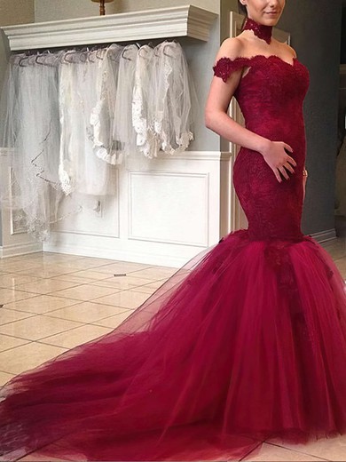 Trumpet/Mermaid Off-the-shoulder Tulle Sweep Train Appliques Lace Prom Dresses #UKM020103736