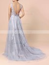 Ball Gown Scoop Neck Lace Tulle Sweep Train Appliques Lace Prom Dresses #UKM020103746