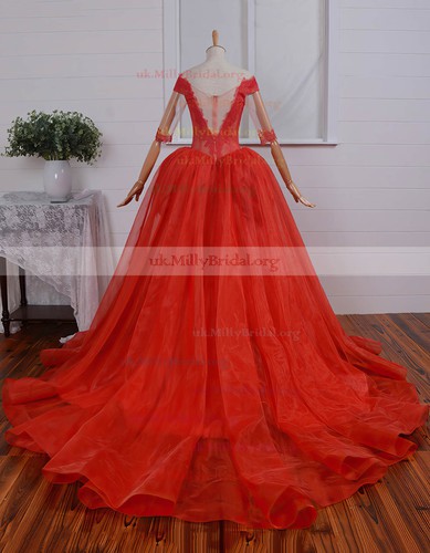 Classic Ball Gown Off-the-shoulder Lace Organza Tulle Appliques Lace Court Train 1/2 Sleeve Prom Dresses #UKM020103748