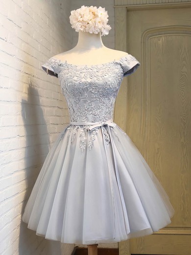 A-line Off-the-shoulder Satin Tulle with Sashes / Ribbons Short/Mini For Cheap Prom Dresses #UKM020103756