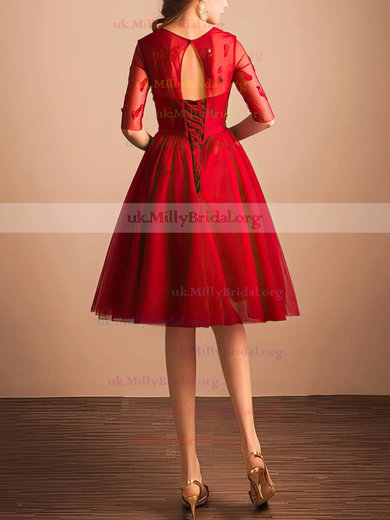 Online A-line Scoop Neck Tulle Sashes / Ribbons Knee-length Red 1/2 Sleeve Prom Dresses #UKM020103757